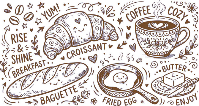 Hand drawn breakfast doodle set with coffee cup croissant baguette and fried egg isolated on a white background Vector