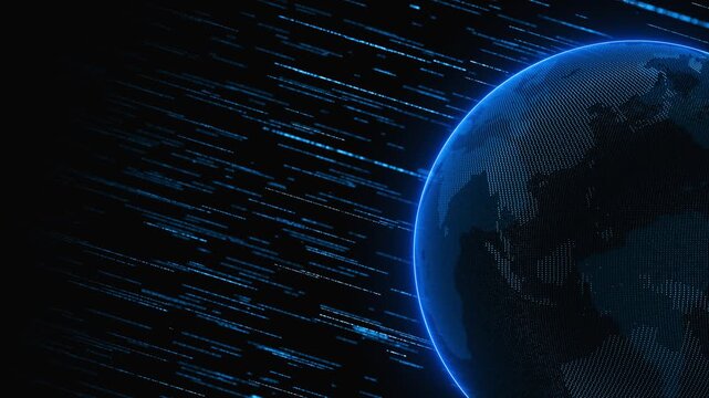 Global transmission globe visual blue planet edge, flowing digital beams, outer space, high speed data movement. telecom worldwide networks, satellite concepts, internet promos, motion graphics.
