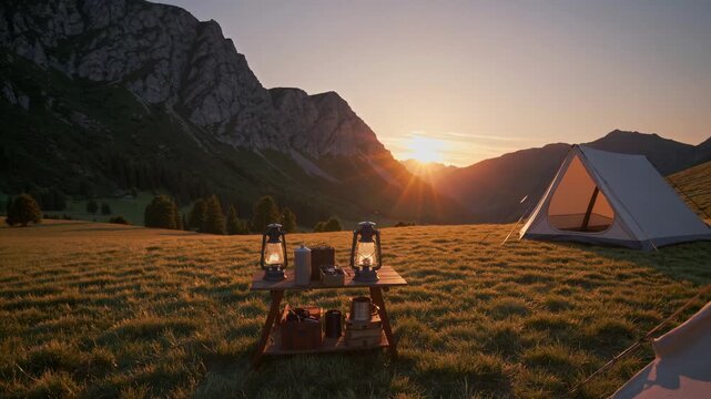 Camping scene at sunset in mountains. Lanterns illuminate table with camping gear. Peaceful outdoor atmosphere invites relaxation and adventure. Perfect for nature lovers.