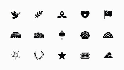 Obraz premium Diverse minimalist icons with cultural emblems arranged grid layout against neutral background monochromatic collection symbolic icons