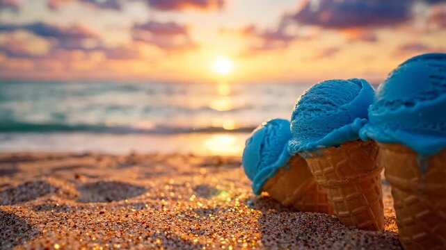 Three blue ice cream cones on a sandy beach at sunset.