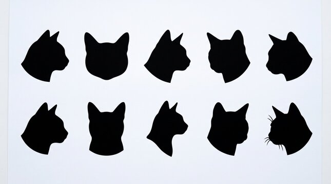 Set of black cat head silhouettes showing various head angles and facial profiles for graphic design projects and pet animal illustrations