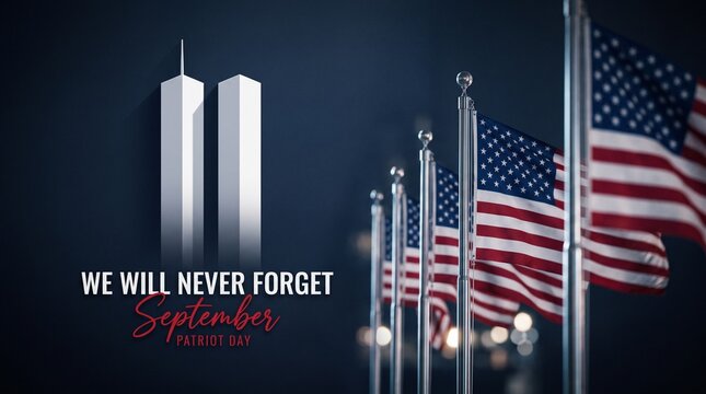 A solemn Patriot Day memorial graphic featuring the twin towers silhouette, United States flags, and the text We Will Never Forget September 11.