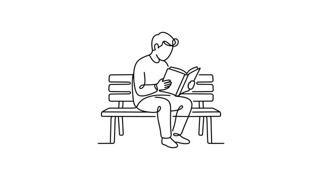 A continuous line art drawing of a person sitting on a park bench reading a book.