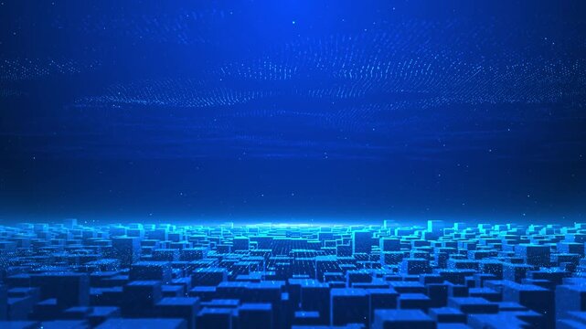 Futuristic data cityscape visual blue glowing cubes, digital grid horizon, particle sky, virtual urban network depth. smart infrastructure, 19 reports, cloud platforms, data centers,