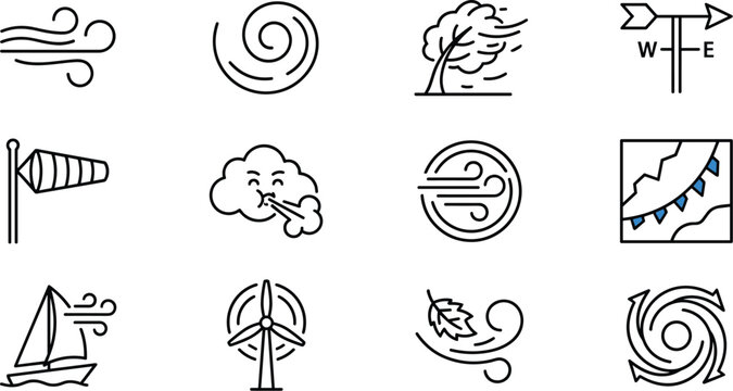 Wind and meteorology weather forecast line icon vector set featuring windsock blowing cloud weather vane hurricane sailboat and climate elements