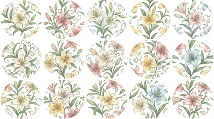 Fototapeta premium Floral Pattern with Lilies in Circles