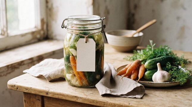 Homemade fermented vegetables glass jar rustic wooden table blank label tag natural soft lighting with vegetables brine resting filled fresh vegetables