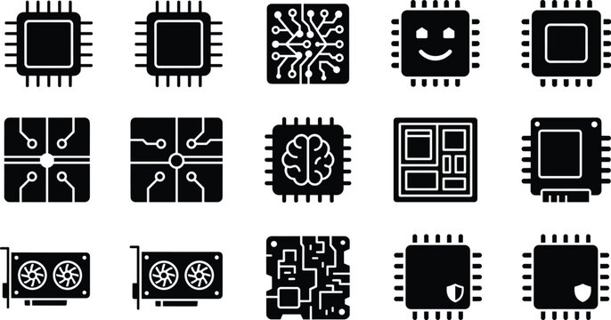 Computer processor and graphic card solid black icon vector set featuring CPU microchips circuit board AI brain and security hardware elements