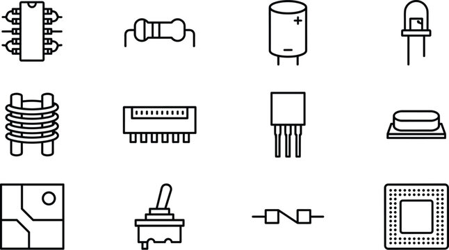 Electronic components and hardware line icon vector set featuring resistor capacitor transistor inductor LED circuit microchip and engineering schematic elements