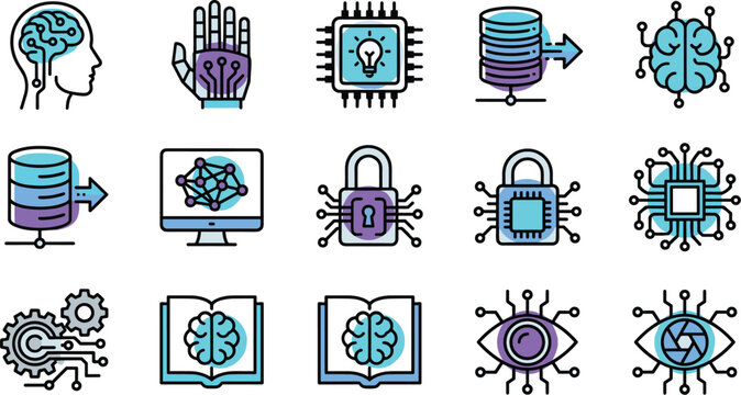 Artificial intelligence and deep learning flat line icon vector set featuring machine brain robot hand chip cybersecurity database and cyber eye