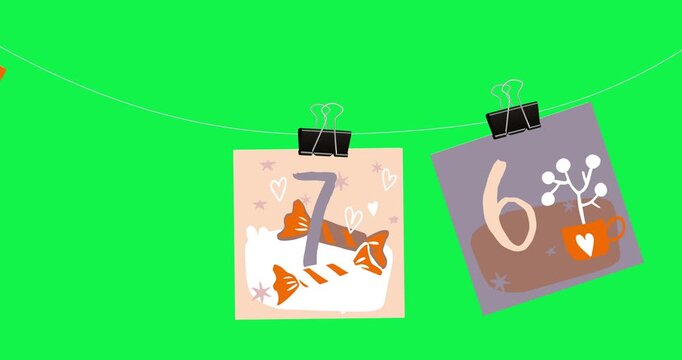 Advent calendar on green. Animated advent calendar pages numbered 1 to 25 and hand-drawn winter illustrations hang on binders on rope, moving left to right. Christmas 4K graphic animation countdown