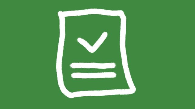 Document check mark paper sheet hand-drawn cartoon graphic with chalk outline approved file icon and creative checked form symbol isolated on green screen background.