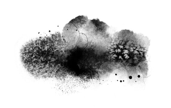 Abstract ink blob, grunge art. Black paint stroke texture in marble style. Wallpaper design. Hand drawn watercolor isolated illustration on transparent background