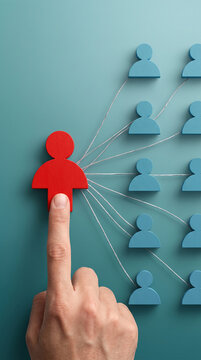 A finger touches a red figure connecting to a network of blue figures, symbolizing leadership and connection, ideal for business or teamwork concepts
