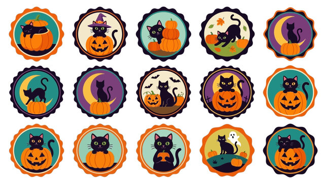 Set of cute black cat illustrations inside vintage frames with pumpkins and moon designs for a festive halloween holiday celebration