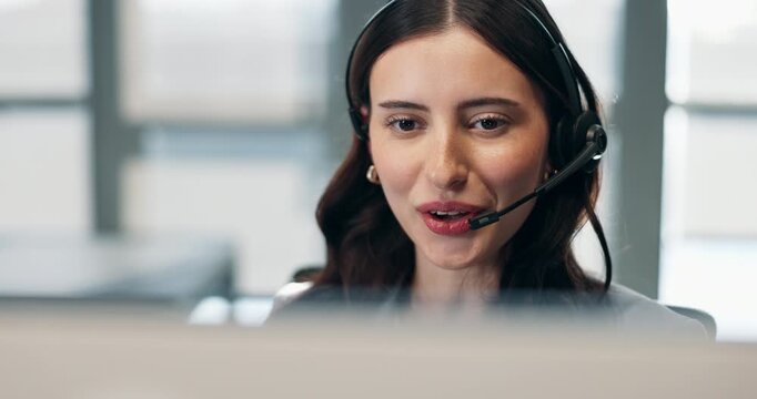 Computer, smile and woman in call center for telemarketing, premium benefits or insurance sales. Tech, happy person or telesales agent with headset for coverage options, policy offer or communication