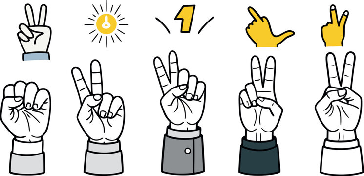 Set of hand gestures showing peace signs and numbers