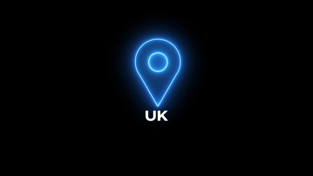 Neon blue location pin icon with UK text on a dark background map marker navigation