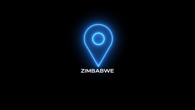 Glowing Cyan Neon Location Pin Icon Above the Word ZIMBABWE on a Black Background Zimbabwe marker