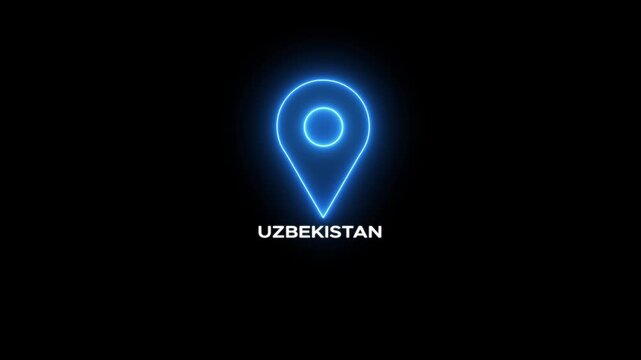 Neon location pin icon glowing with light on a dark background with the text UZBEKISTAN map marker