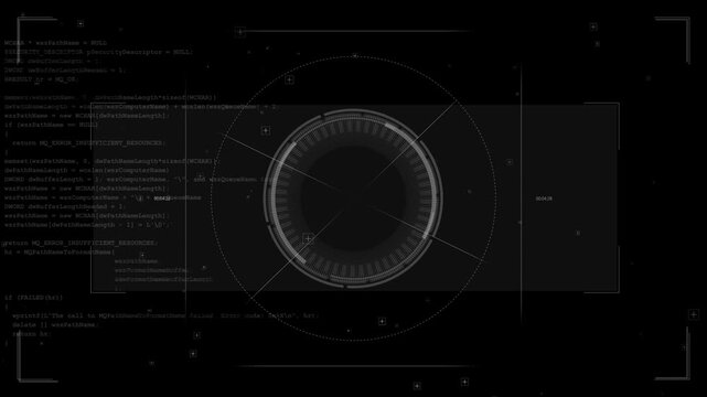 Dark futuristic scanner code visual grey circular HUD, transparent panels, crosshair markers, programming text layers. for hacker scenes, software intros, cyber dashboards, tech reports, motion