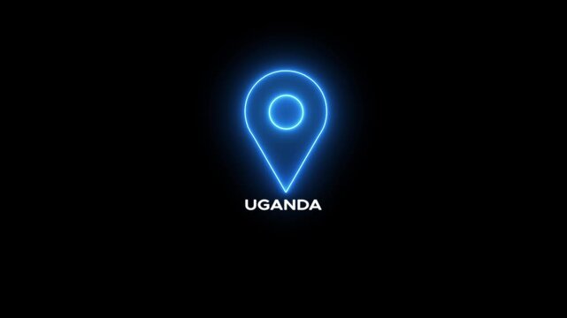 Neon Location Pin Icon with Uganda Text on Black Background map marker navigation