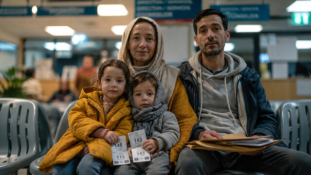Refugee family with children waiting for immigration appointment holding documents in public service center