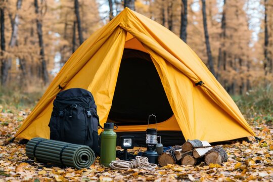 Camping tent in autumn forest with backpack and gear for outdoor adventure travel