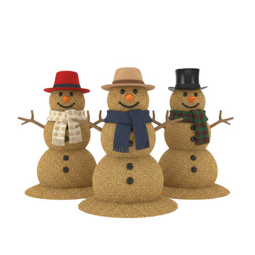 Three anthropomorphic sandmen with twig arms and carrot noses wearing felt hats and textured scarves in a studio portrait, whimsical summer holiday spirit