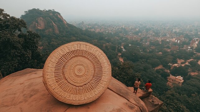 An Ancient Circular Stone Disc with Concentric Carvings Sits on a Cliff Overlooking a Lush Valley and Distant Mountains as Two Hikers Observe the Scene