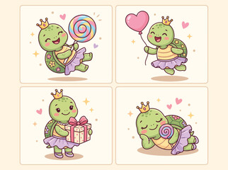 Kawaii turtle princess character set, cute green tortoise wearing crown and tutu skirt, 4 cartoon turtle illustrations with lollipop and heart balloon