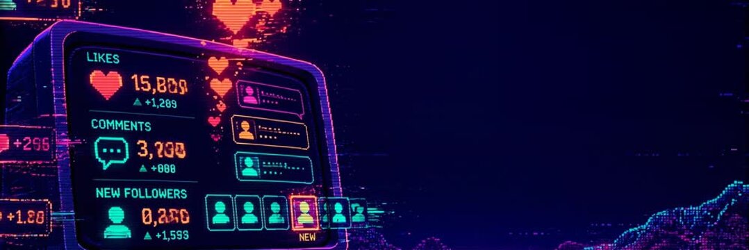 Retro glitch social media analytics dashboard in neon 1980s style, website banner with copy space for text