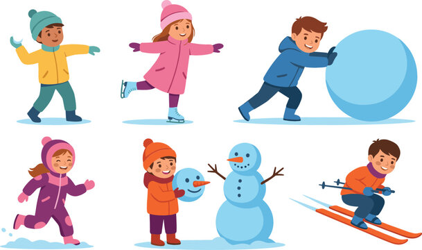 Cute cartoon children playing winter sports and games vector set building snowman skiing ice skating and throwing snowballs isolated on white background