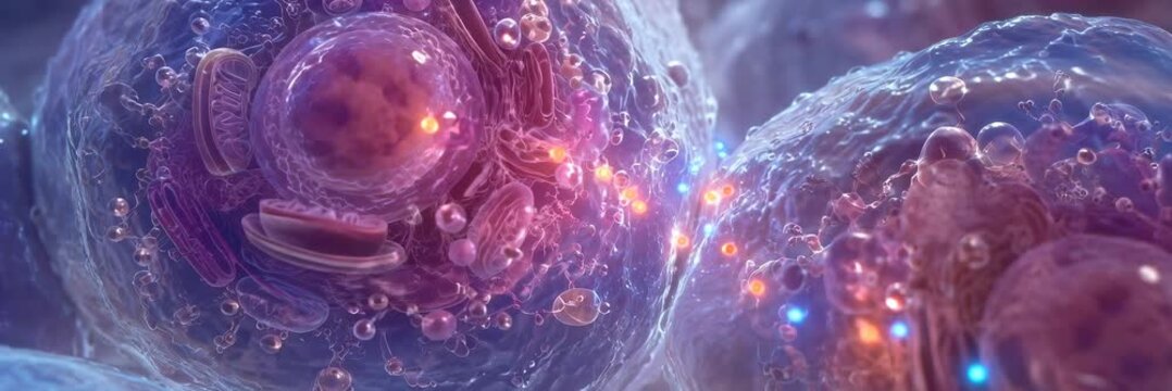 Microscopic cells interacting through glowing molecular signals, biology, biotechnology website banner