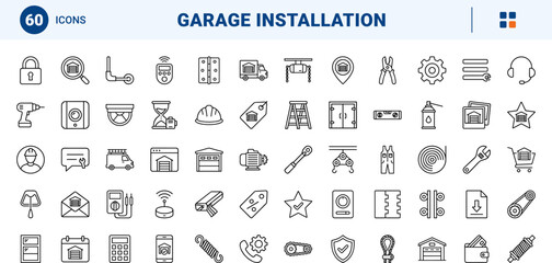 Fototapeta premium Smart garage installer line icon set. Vector pictograms of equipment, tools, interface, and trust elements, thin linear illustration.