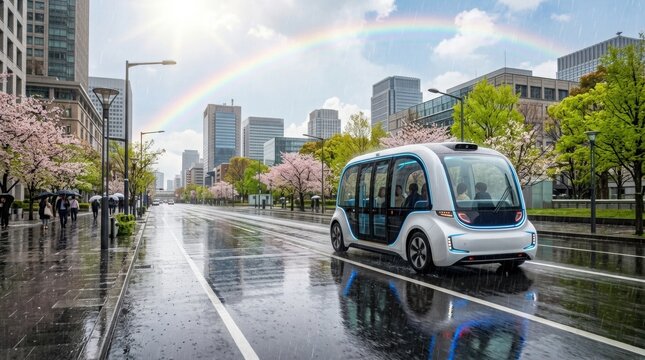 Autonomous electric shuttle driving on wet city street, futuristic self-driving bus in urban smart city, rainbow over modern cityscape with cherry blossoms