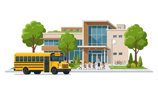 School bus parked in front of a modern school building