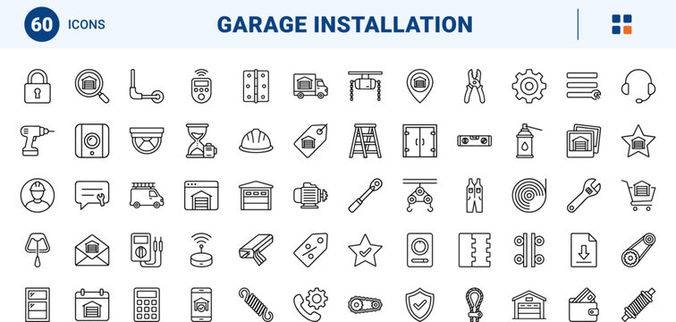 Smart garage installer line icon set. Vector pictograms of equipment, tools, interface, and trust elements, thin linear illustration.