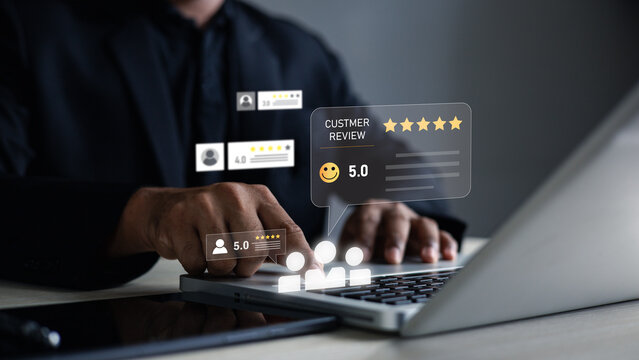 customer review rating feedback satisfaction reputation business.Customer review and online rating concept with five-star feedback, satisfaction score and reputation management on digital platform.