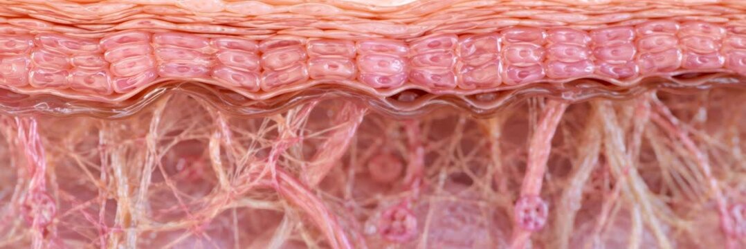 Microscopic cross section of human skin tissue and collagen fibers, dermatology website banner