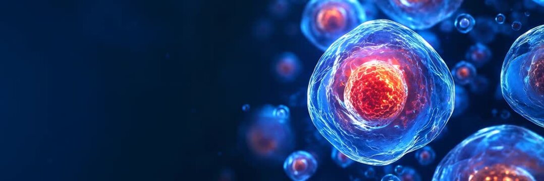 Glowing microscopic cells floating in blue fluid, biotechnology website banner with copy space for text