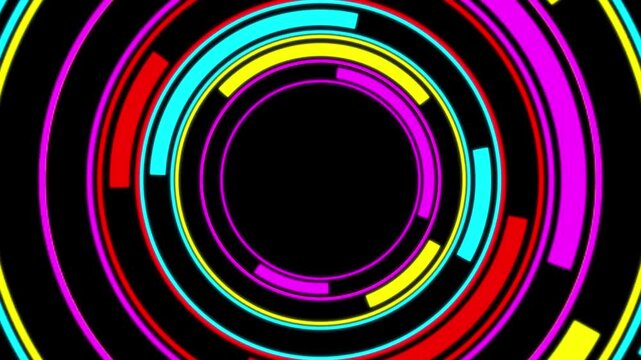 Abstract motion background featuring rotating colorful neon circles in a seamless loop style