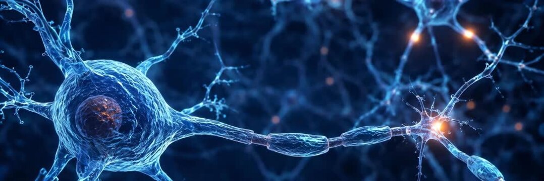 Glowing neuron network transmitting electrical signals, neuroscience, brain activity website banner