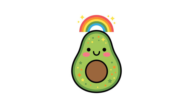 Cute Kawaii Avocado Character with Rainbow and Sparkles Illustration