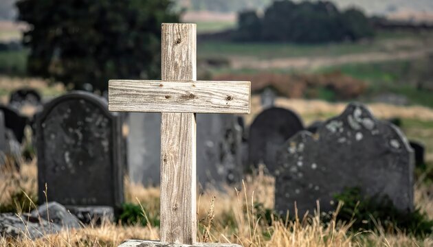 Weathered wooden cross standing in an old cemetery with gravestones and rolling hills in the background