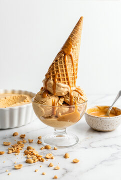 Peanut butter ice cream scoops in glass bowl topped with inverted waffle cone and caramel drizzle on marble table