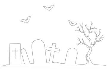 Fototapeta premium Halloween Cemetery Line Art Vector Illustration with Ghosts and Ba