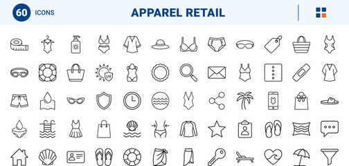 Fototapeta premium Plus size swimwear line icon set. Vector pictograms of swimwear, apparel, accessories, and shopping elements, thin linear illustration.