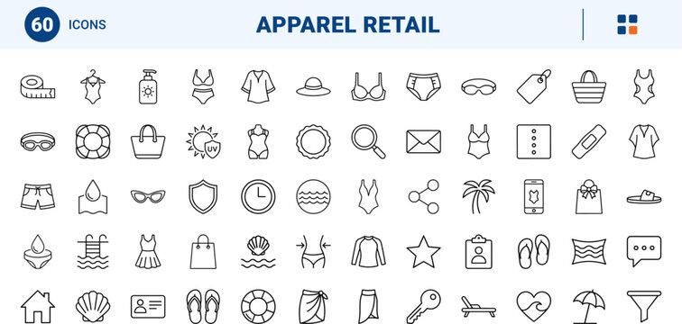 Plus size swimwear line icon set. Vector pictograms of swimwear, apparel, accessories, and shopping elements, thin linear illustration.